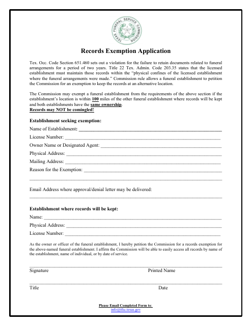 Records Exemption Application - Texas