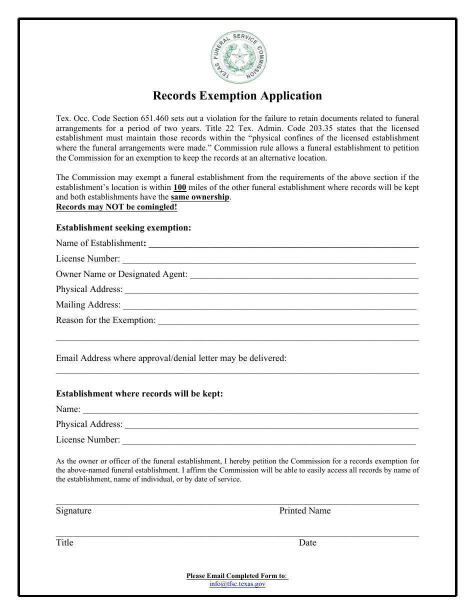 Texas Records Exemption Application Fill Out, Sign Online and
