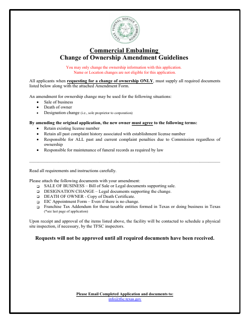 Commercial Embalming Change of Ownership Amendment - Texas Download Pdf