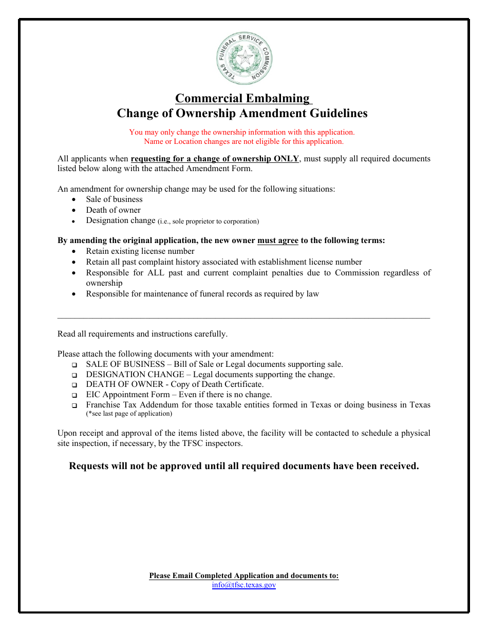 Commercial Embalming Change of Ownership Amendment - Texas, Page 1