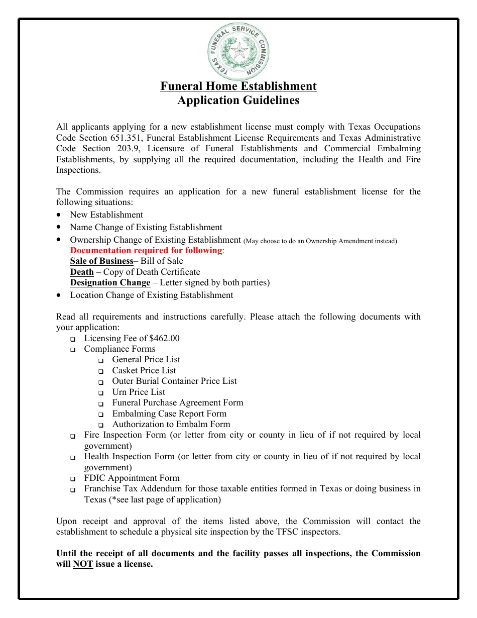 Funeral Establishment New Application - Texas, Page 1