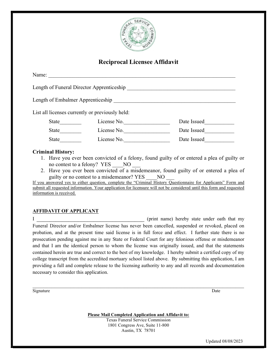 Reciprocal Funeral Director / Embalmer License Application - Texas, Page 3
