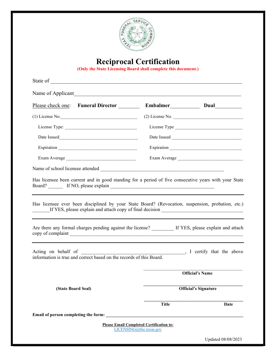 Texas Reciprocal Funeral Director/Embalmer License Application Download