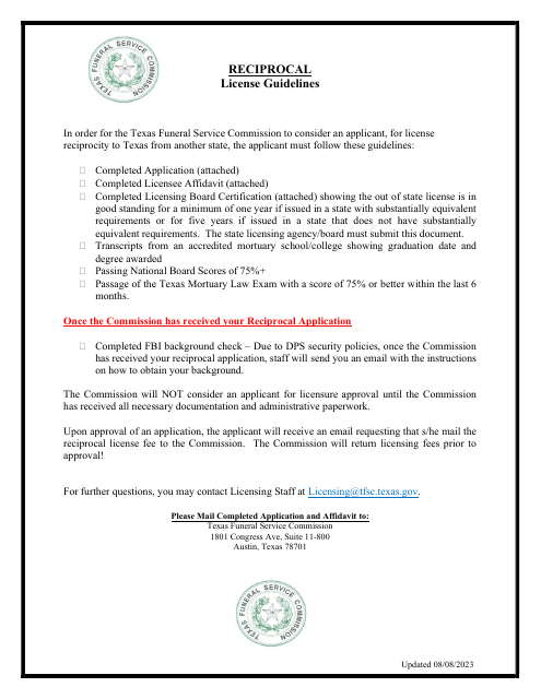 Reciprocal Funeral Director/Embalmer License Application - Texas