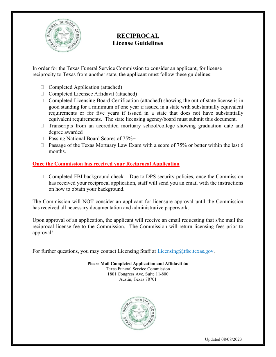 Texas Reciprocal Funeral Director/Embalmer License Application Download