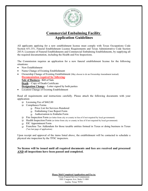 Commercial Embalming Facility New Application - Texas