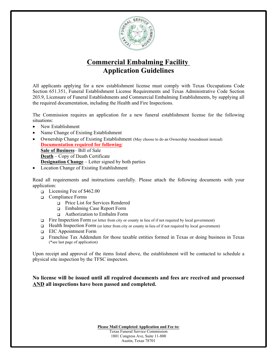 Commercial Embalming Facility New Application - Texas, Page 1