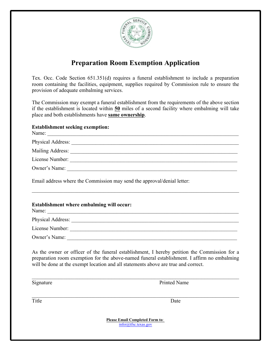Preparation Room Exemption Application - Texas, Page 1