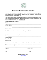 Document preview: Preparation Room Exemption Application - Texas