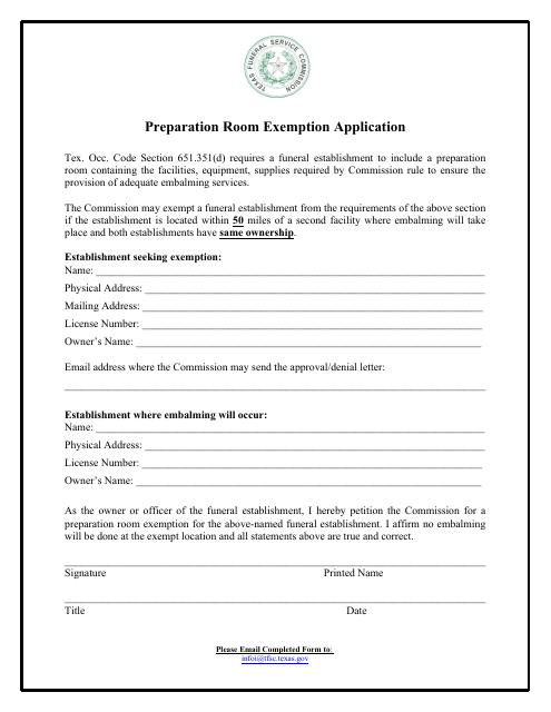 Preparation Room Exemption Application - Texas