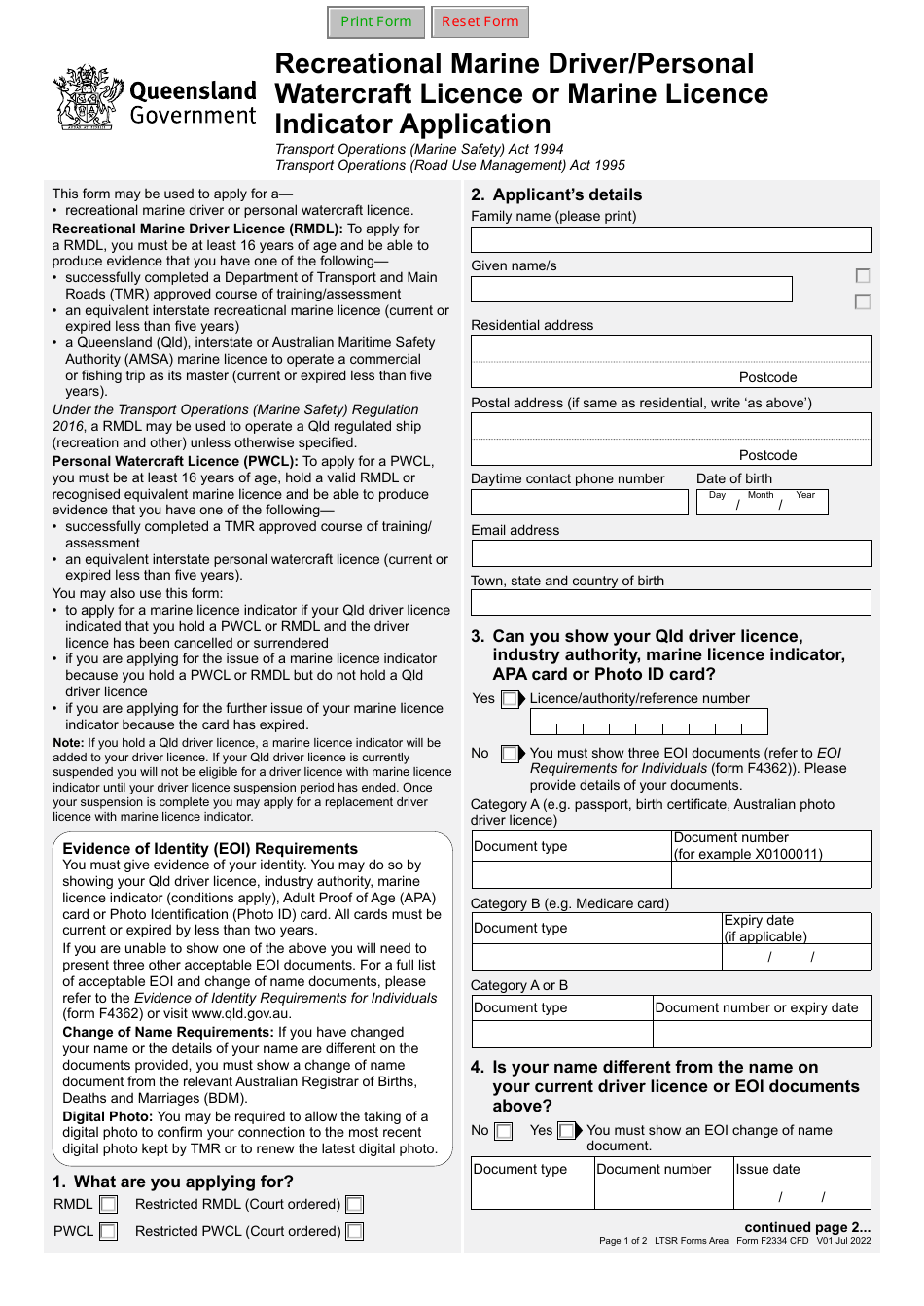 Form F2334 Recreational Marine Driver / Personal Watercraft Licence or Marine Licence Indicator Application - Queensland, Australia, Page 1