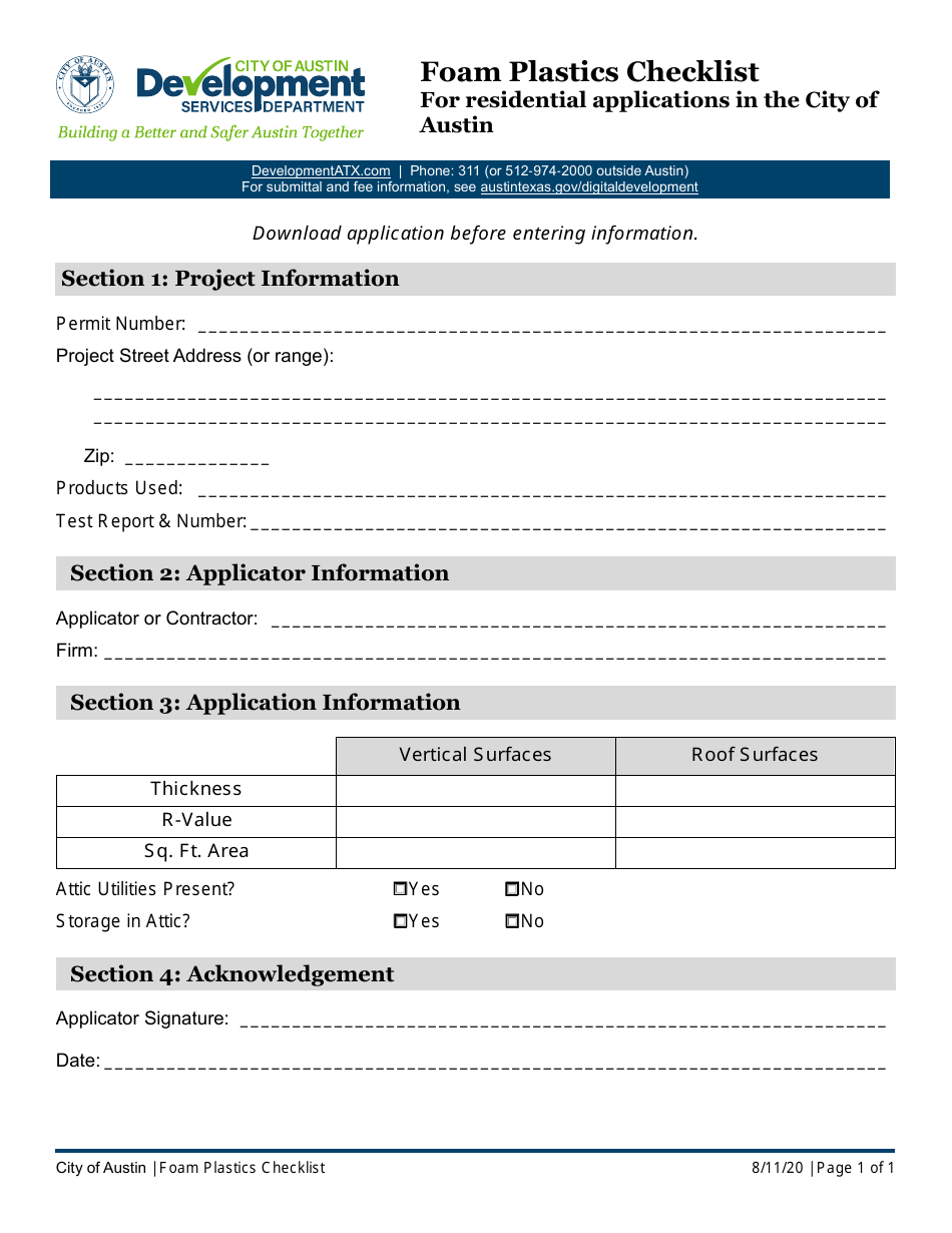 Foam Plastics Checklist for Residential Applications in the City of Austin - City of Austin, Texas, Page 1