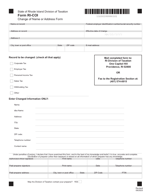 Form RI-COI Change of Name or Address Form - Rhode Island