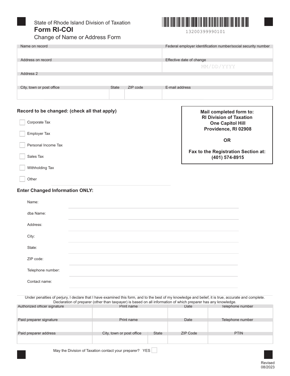 Form RI-COI Change of Name or Address Form - Rhode Island, Page 1