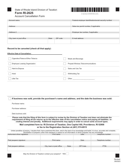 Form RI-2625 Account Cancellation Form - Rhode Island