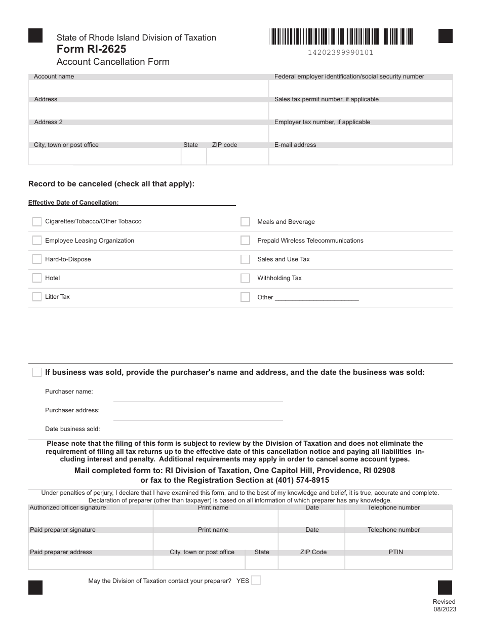 Form RI-2625 Account Cancellation Form - Rhode Island, Page 1