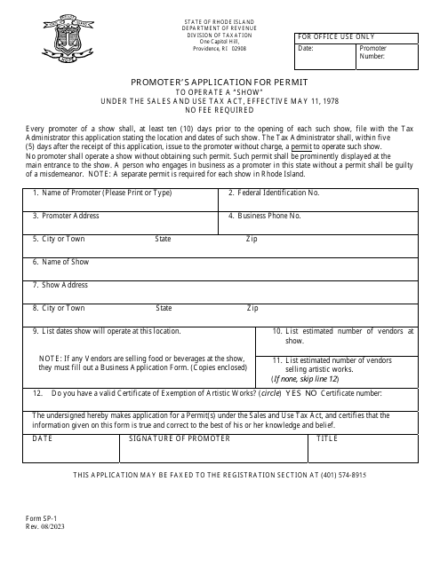 Form SP-1 Promoter's Application for Permit to Operate a "show" Under the Sales and Use Tax Act - Rhode Island