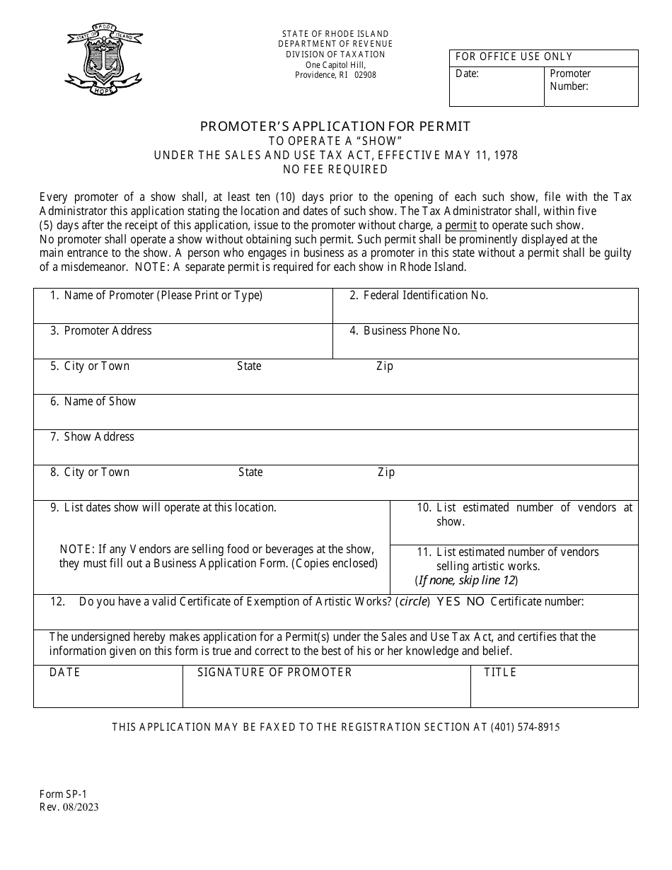 Form SP-1 Promoters Application for Permit to Operate a show Under the Sales and Use Tax Act - Rhode Island, Page 1