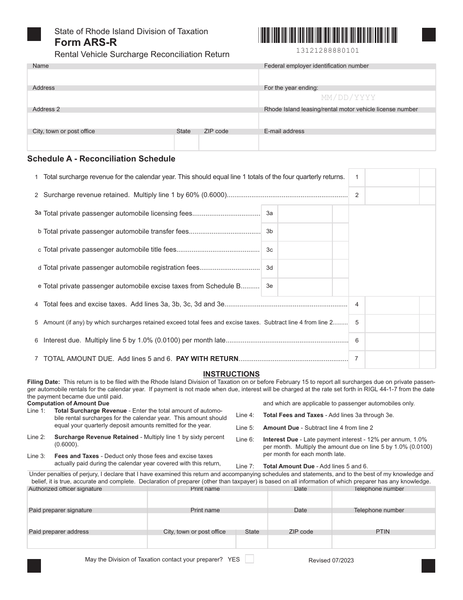 Form ARS-R Rental Vehicle Surcharge Reconciliation Return - Rhode Island, Page 1