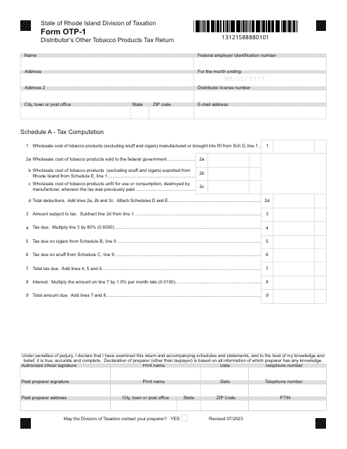 Form OTP-1 Distributor's Other Tobacco Products Tax Return - Rhode Island