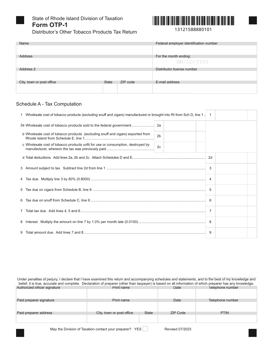 Form OTP-1 Distributors Other Tobacco Products Tax Return - Rhode Island, Page 1