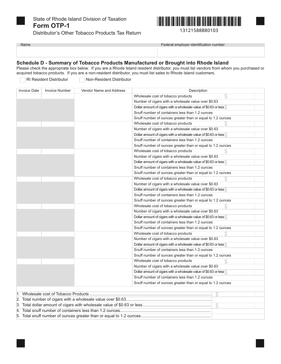 Form OTP-1 Distributors Other Tobacco Products Tax Return - Rhode Island, Page 3