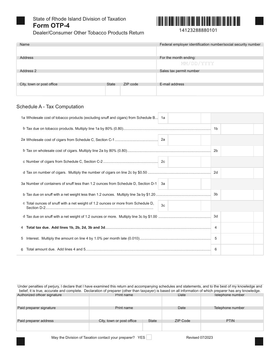 Form OTP-4 Dealer / Consumer Other Tobacco Products Return - Rhode Island, Page 1