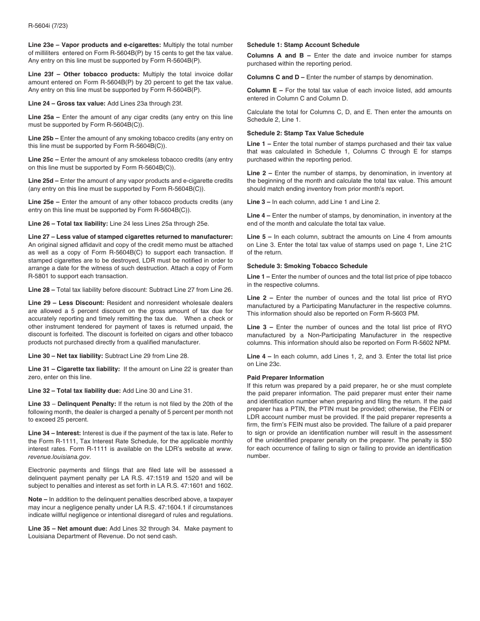 Instructions for Form R-5604 Louisiana Tobacco Tax Return - Louisiana, Page 2