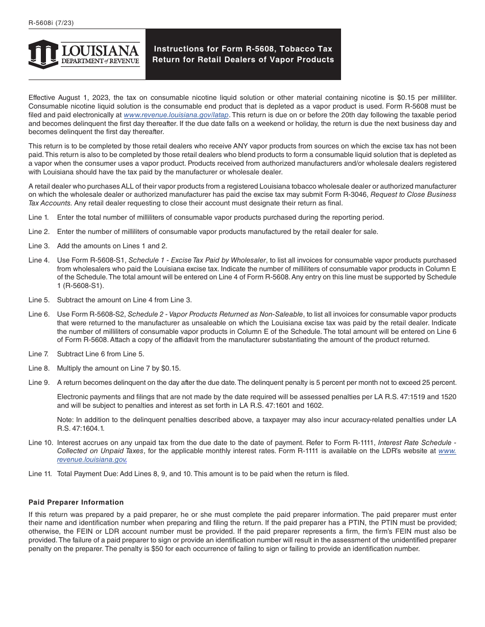 Form R 5698 Download Instructions for Form R-5608 Tobacco Tax Return for Retail ...