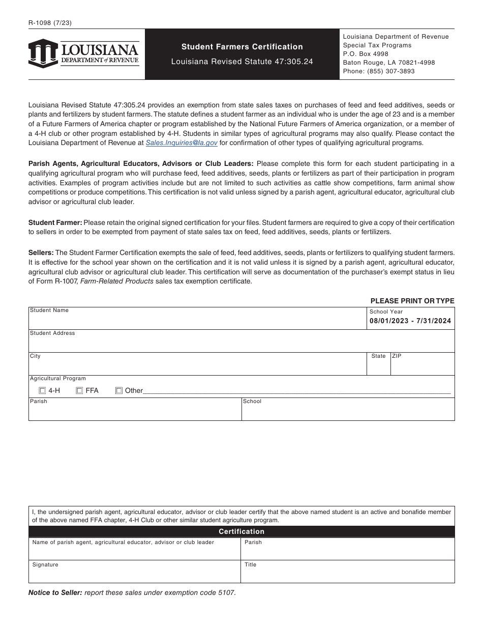Form R-1098 Student Farmers Certification - Louisiana, Page 1