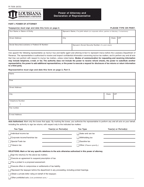 Form R-7006 Power of Attorney and Declaration of Representative - Louisiana