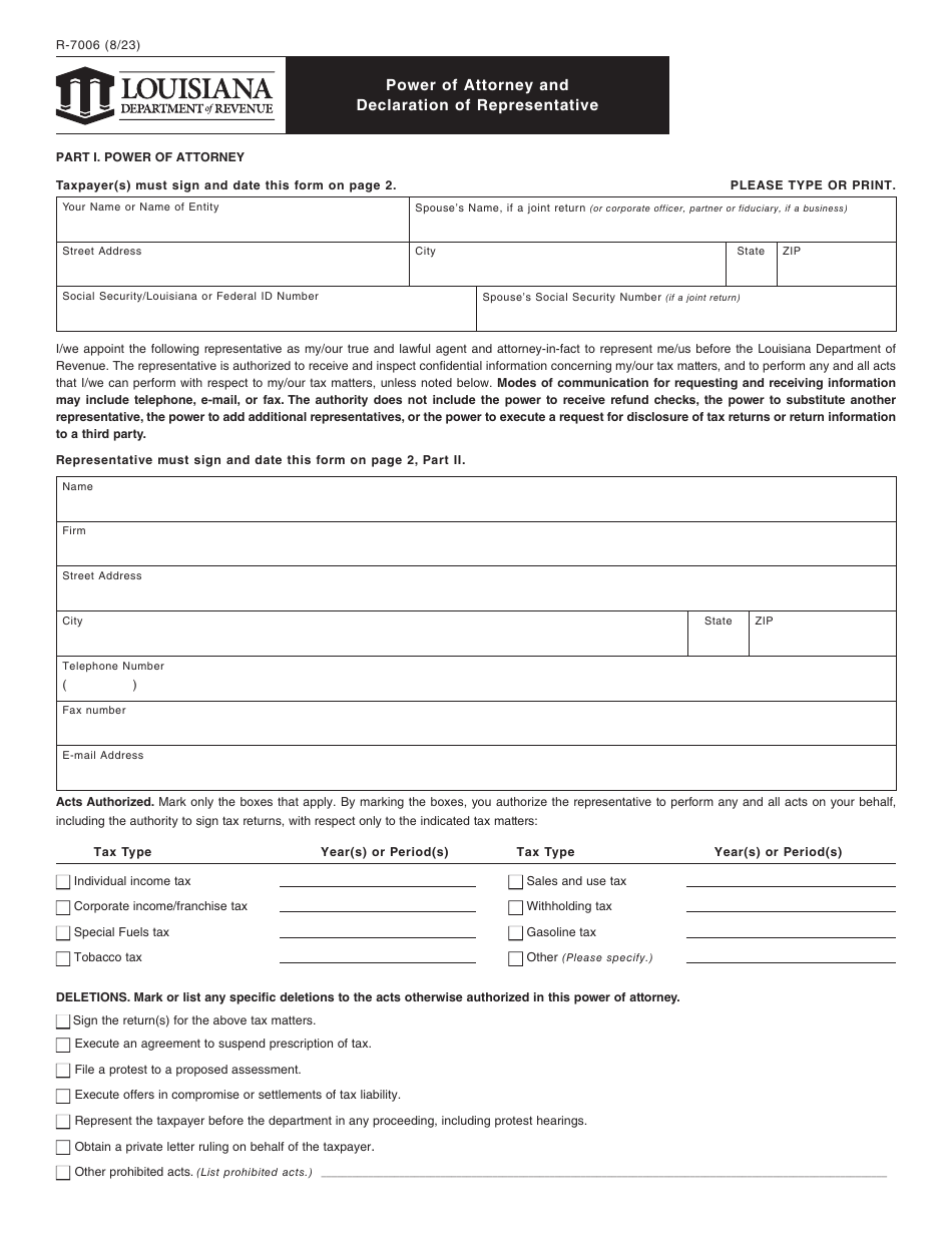 Form R-7006 Power of Attorney and Declaration of Representative - Louisiana, Page 1