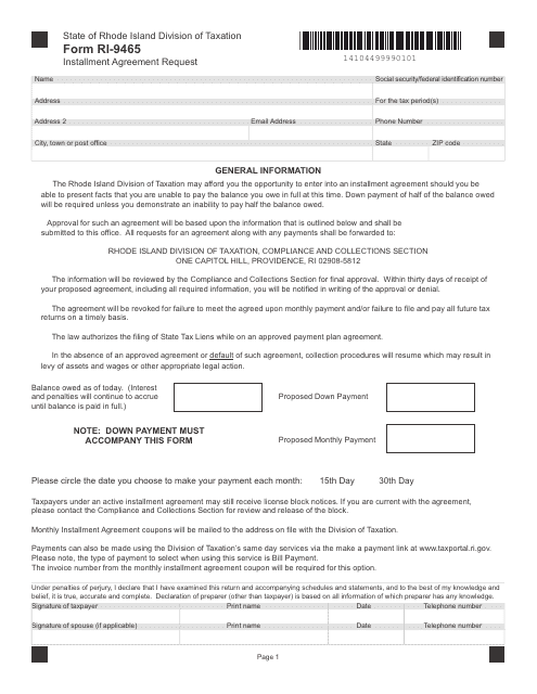 Form RI-9465 Installment Agreement Request - Rhode Island
