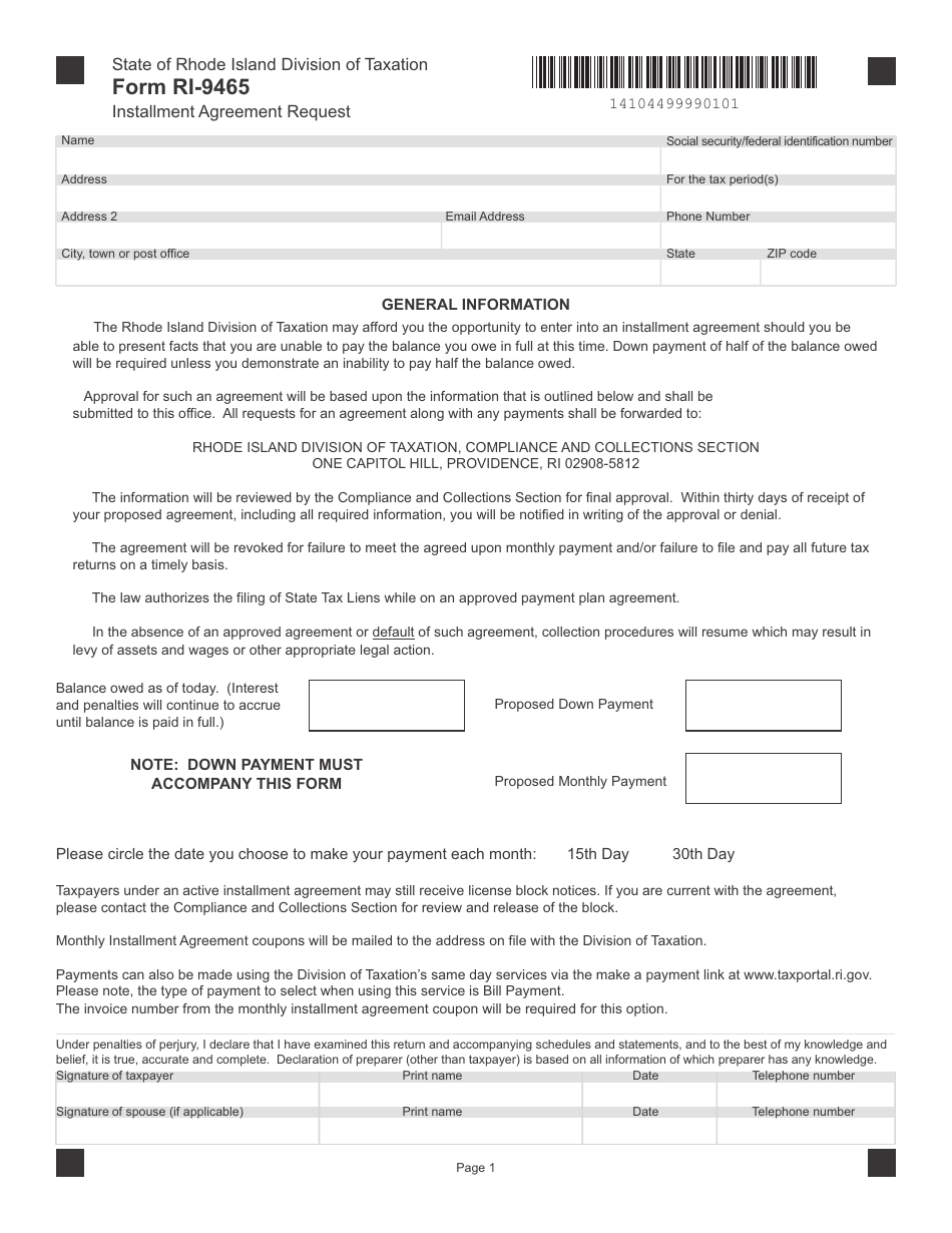 Form RI-9465 Installment Agreement Request - Rhode Island, Page 1