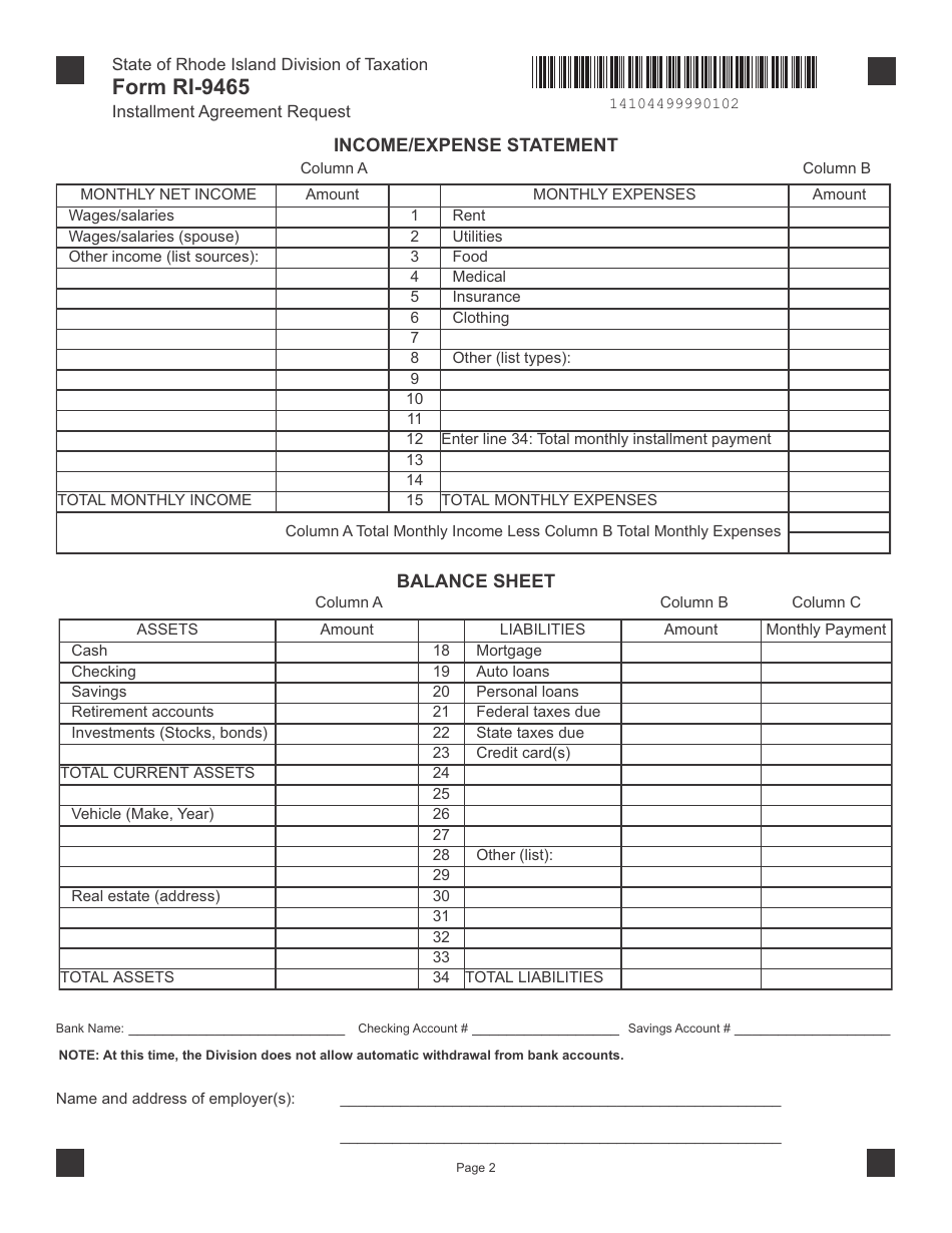 Form RI-9465 Installment Agreement Request - Rhode Island, Page 2
