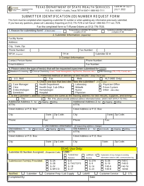 Form F14-13277 Submitter Identification (Id) Number Request Form - Texas