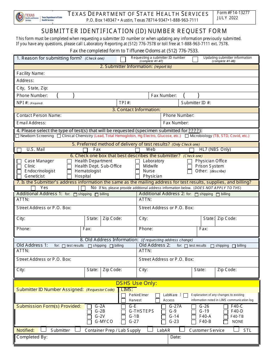 Form F14-13277 Submitter Identification (Id) Number Request Form - Texas, Page 1