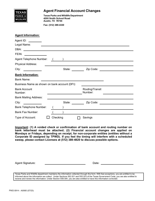 Form PWD0914 Agent Financial Account Changes - Texas