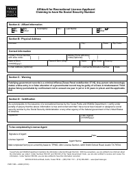 Document preview: Form PWD1083 Affidavit for Recreational License Applicant Claiming to Have No Social Security Number - Texas