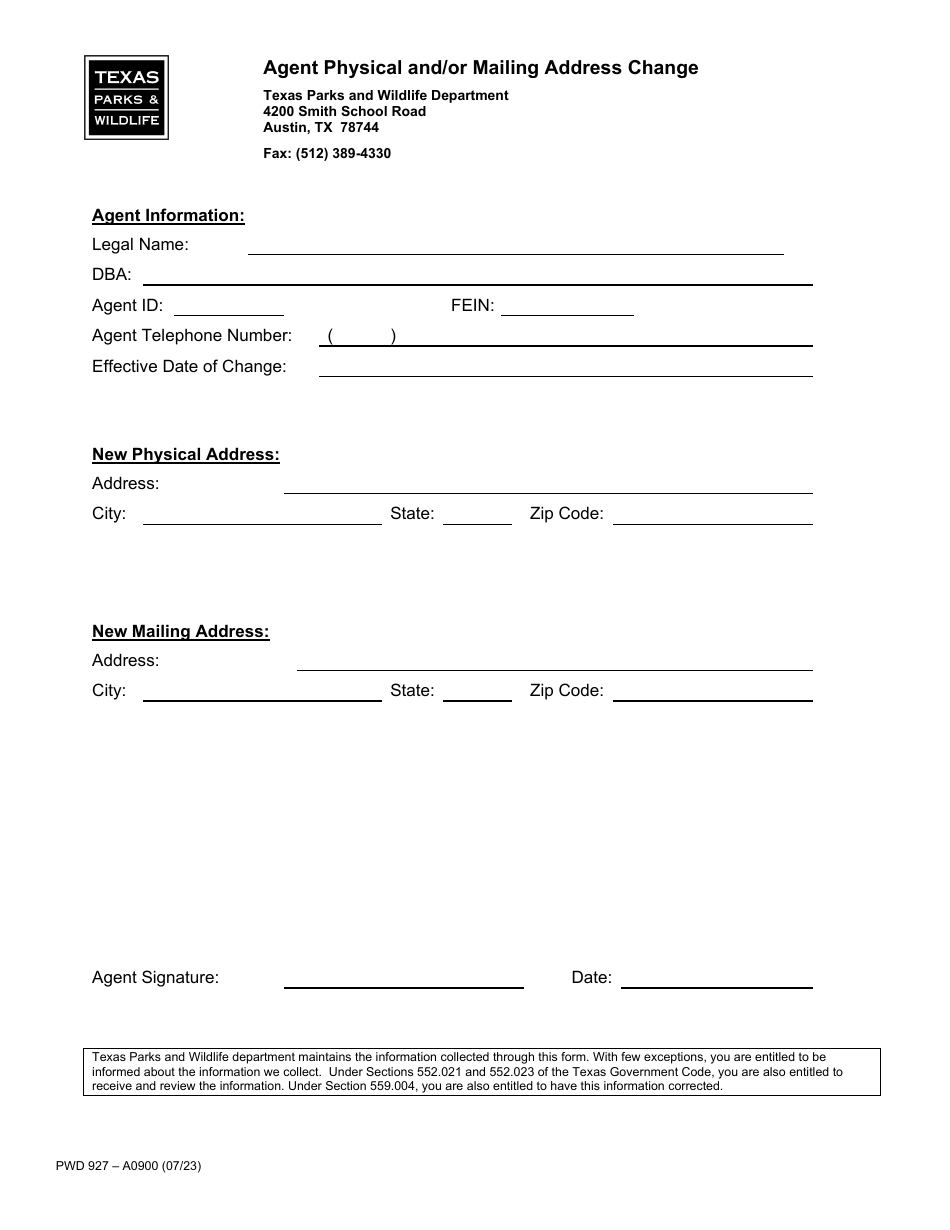 Form PWD927 Agent Physical and / or Mailing Address Change - Texas, Page 1