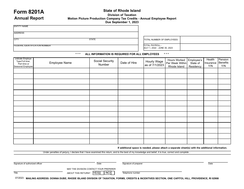Form 8201A Motion Picture Production Company Tax Credits - Annual Employee Report - Rhode Island, Page 1