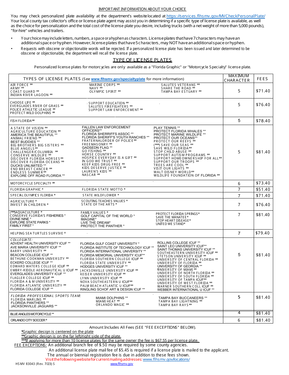 Form HSMV83043 Application for Personalized License Plate - Florida, Page 2