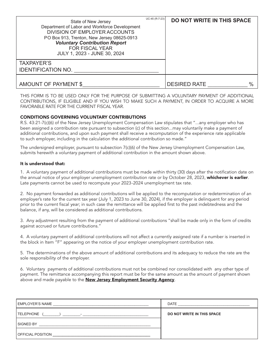 Form UC-45 Voluntary Contribution Report - New Jersey, Page 1