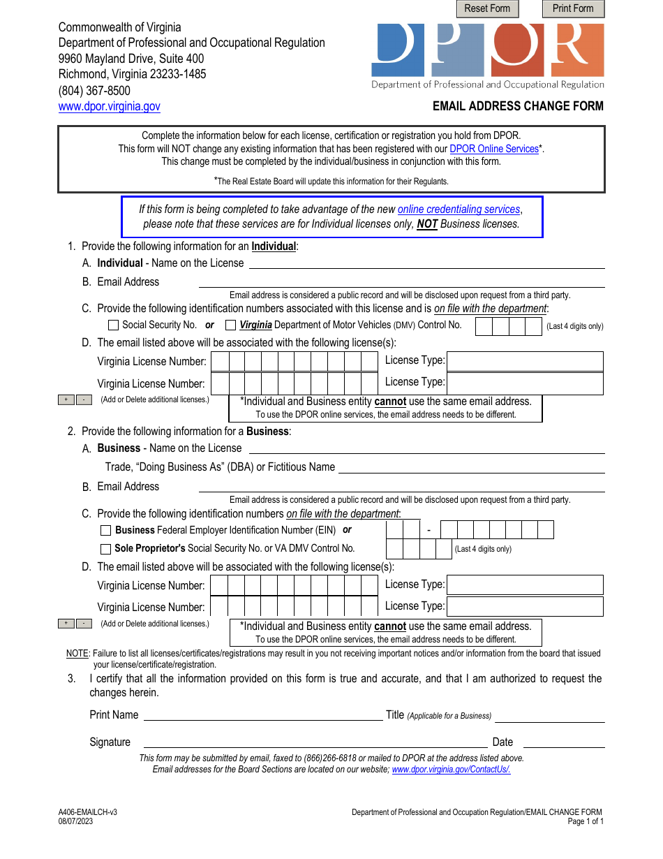 Form A406-EMAILCH Email Address Change Form - Virginia, Page 1