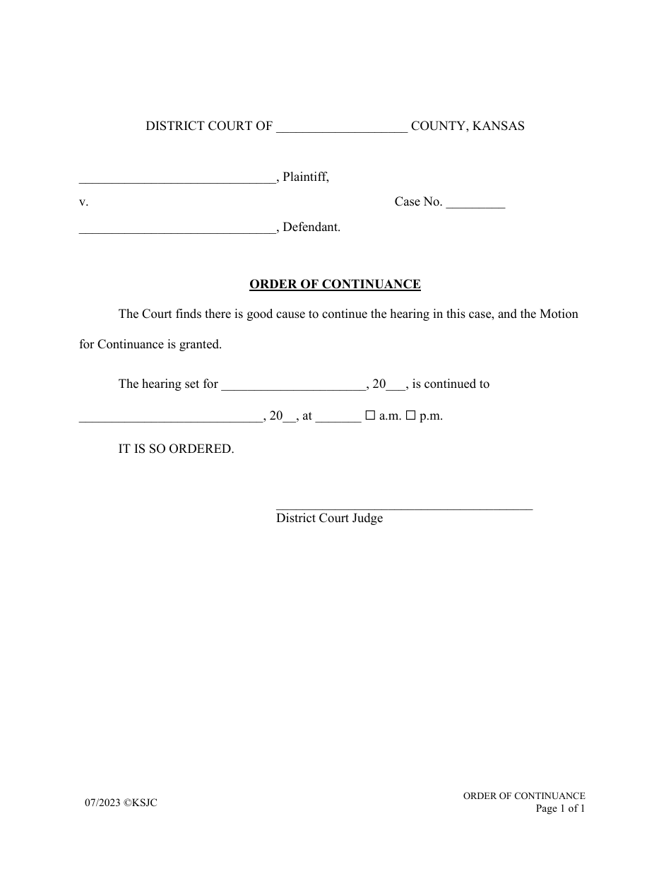 Kansas Order of Continuance Fill Out, Sign Online and Download PDF