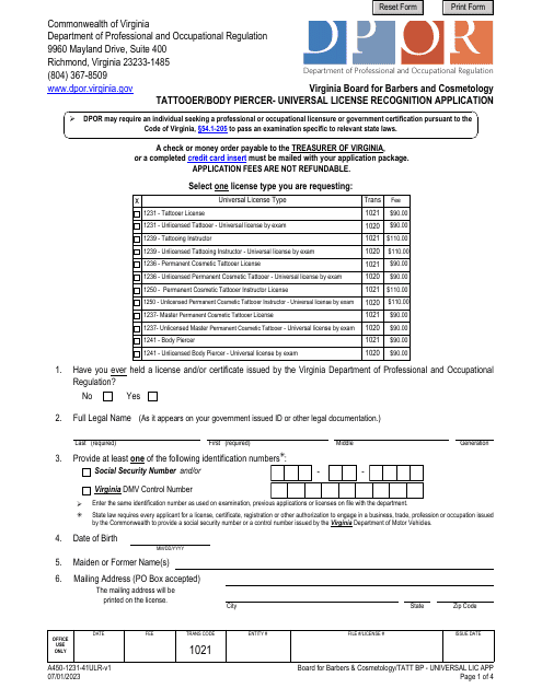 Form A450-1231-41ULR  Printable Pdf