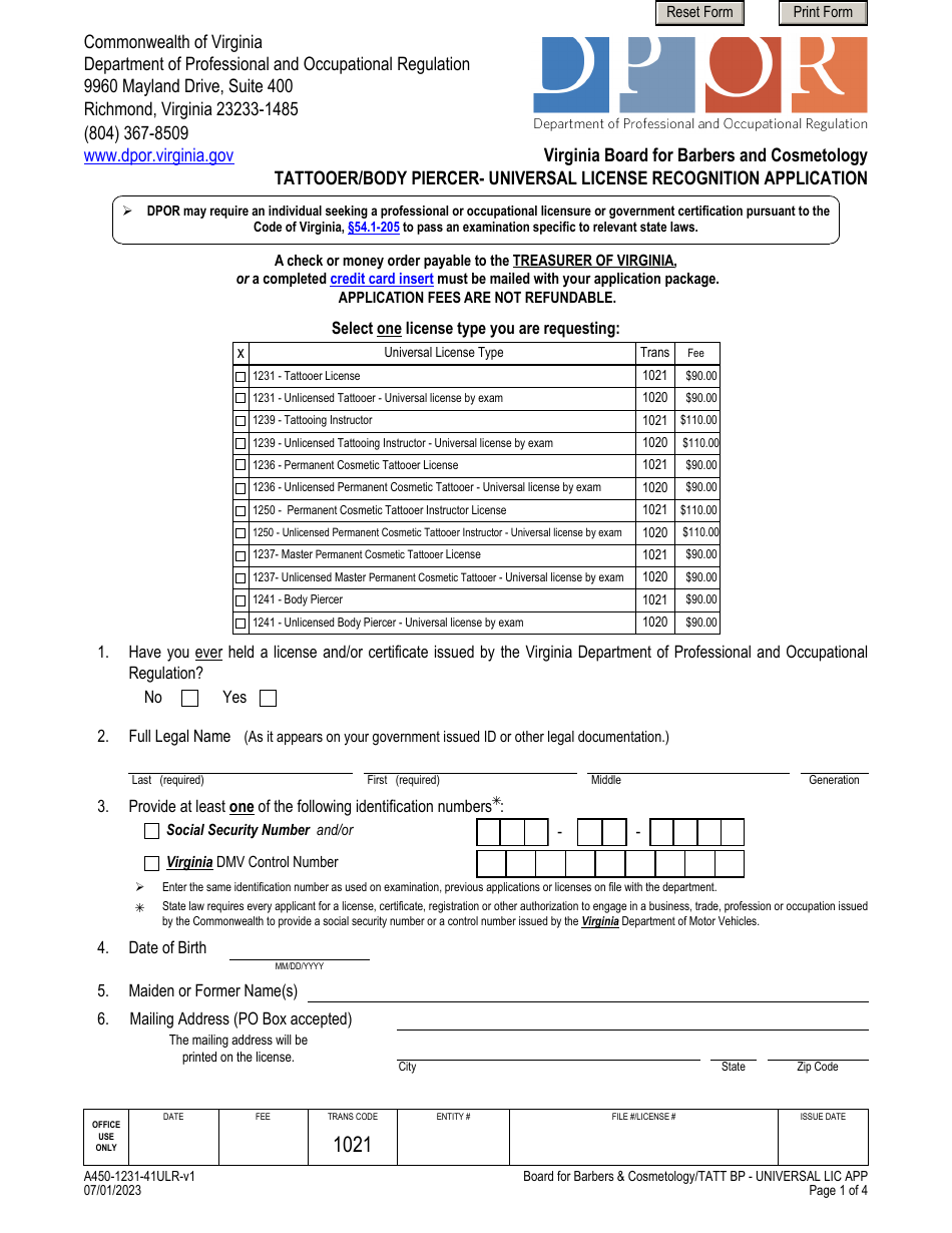 Form A450-1231-41ULR Tattooer / Body Piercer- Universal License Recognition Application - Virginia, Page 1