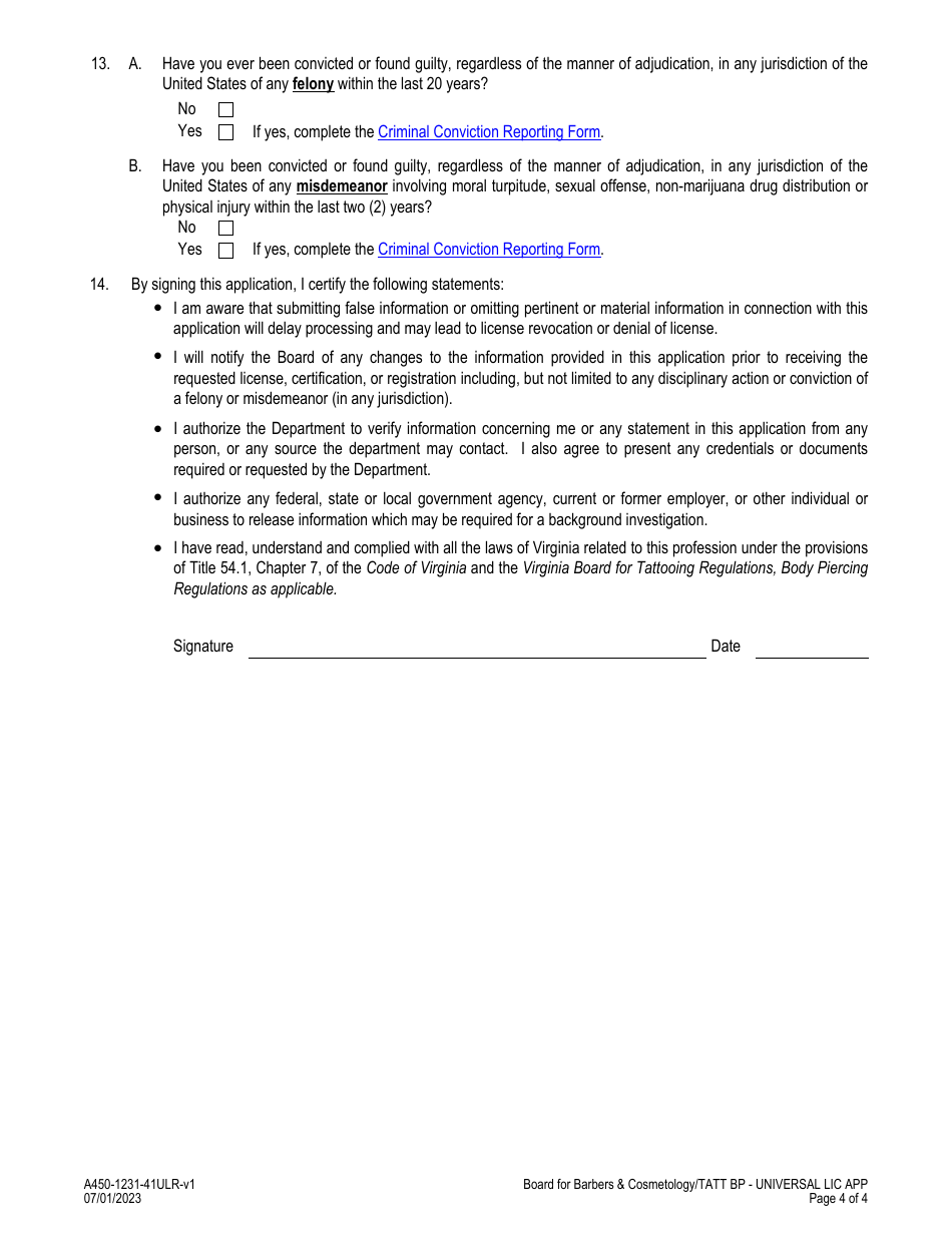 Form A450-1231-41ULR Tattooer / Body Piercer- Universal License Recognition Application - Virginia, Page 4