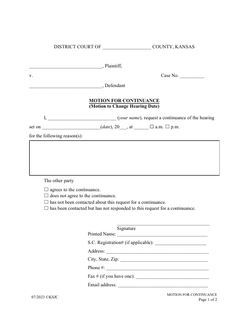 Motion for Continuance (Motion to Change Hearing Date) - Kansas Download Pdf