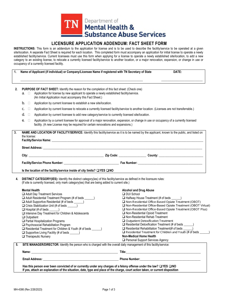 Form MH-4386 Licensure Application Addendum: Fact Sheet Form - Tennessee, Page 1